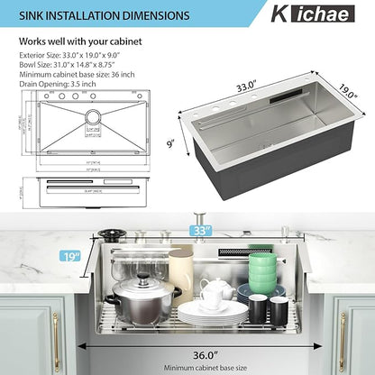 Kichae Drop In Kitchen Sink Waterfall - 33x19 Workstation Kitchen Sink Waterfall Stainless Steel 16 Gauge Luxury Handmade Single Bowl Drop Sinks with Glass Rinser