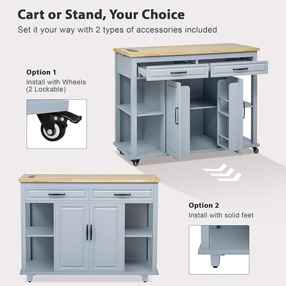 GOWE 47 inch Kitchen Island with Extendable Dining Table, Rubber Wood Veneer Kitchen Table with Internal Storage Rack, Power Outlet, Kitchen Island with Storage 2 Drawers 2 Cabinet,Grey Blu