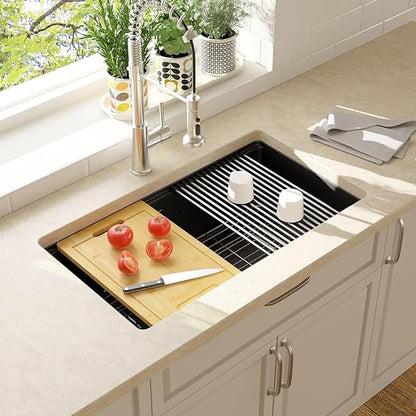Black Kitchen Sink, 32 Inch Stainless Steel 32''×18'' ×9'' Undermount Single Bowl Workstation Black Kitchen Sink with Accessories