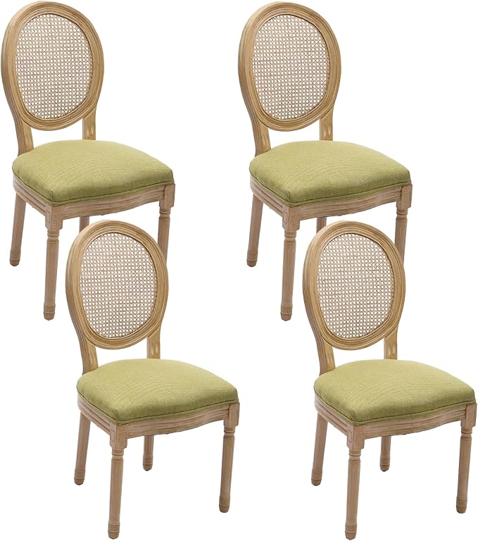 Linen Wooden Dining Chair Set of 4, Upholstered Farmhouse Dining Chair with Solid Wood Frame, Kitchen & Dining Room Chairs for Living Room, Restaurant, Bedroom (Green-Rattan, Set of 4)