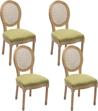 Linen Wooden Dining Chair Set of 4, Upholstered Farmhouse Dining Chair with Solid Wood Frame, Kitchen & Dining Room Chairs for Living Room, Restaurant, Bedroom (Green-Rattan, Set of 4)