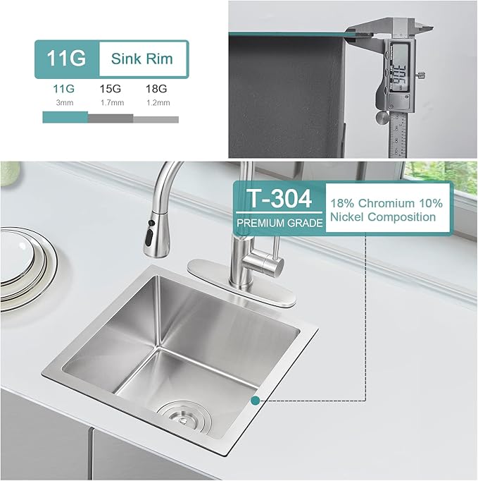 18 inch Bar Sink, KINKIB 18 x 18 x 9 inch Undermount Bar or Prep Kitchen Sink, Handmade Single Bowl T-304 Stainless Steel Small Kitchen Sink with Strainer