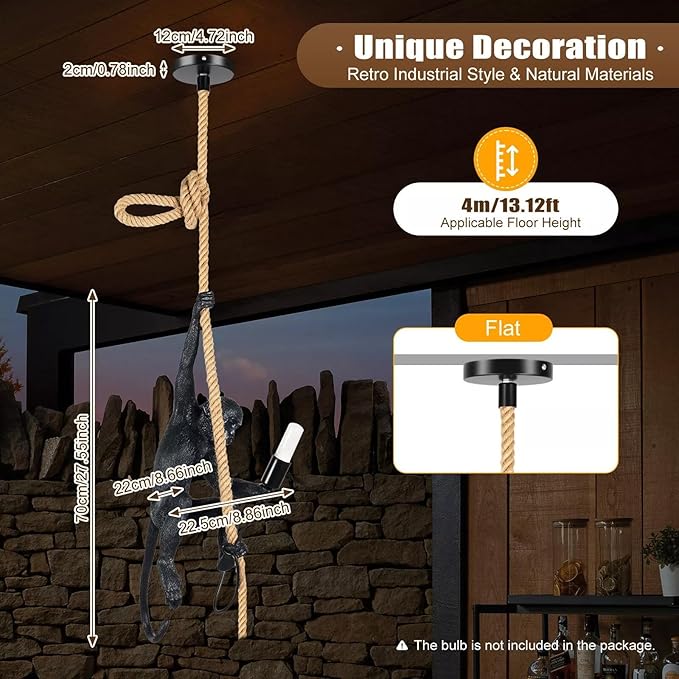 Vintage Monkey Pendant Light, Retro Resin Hemp Rope Monkey Lamp, Creative Monkey Chandelier E26 for Dining Living Room Bedroom Bar Cafe Decorative Hanging Lamp, Black (Black)