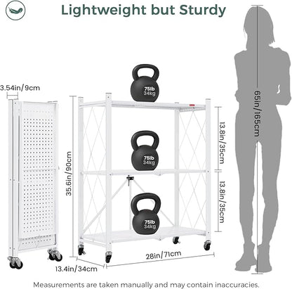 DEANIC 3 Tier Foldable Storage Shelves with Wheels, Kitchen Appliance Stand, Freestanding Metal Wire Shelf Rack, No Assembly Organizer Rolling Cart for Garage, Basement, Pantry(White)