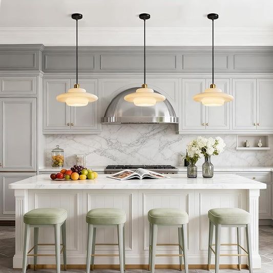 Pendant Lights Kitchen Island: Mid-Century Modern Hanging Light Fixture Entryway - Glass Pendant Lamp Dining Room (Black Rod)