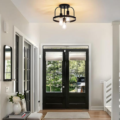 3 Light Industrial Ceiling Light Black Semi Flush Mount Lights Close to Ceiling Light Fixtures,cage Design Farmhouse Ceiling Lighting for Kitchen Bedroom Bathroom Foyer Hallway (E26, 1Pack)
