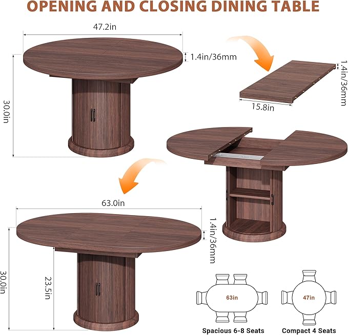 Jocoevol 47″–63″ Extendable Round Dining Table for 4–8 with Dust-Proof 2-Tier Storage Shelf Space Saving Expandable Wood Oval Circle Dinner Furniture with Pedestal Base (Black)