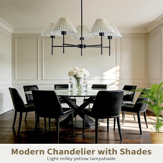 Black Modern Chandelier, 32-inch Chandeliers for Dining Room Light Fixture, White Pleated Fabric Pendant Light for Kitchen Island Lighting and Living Room