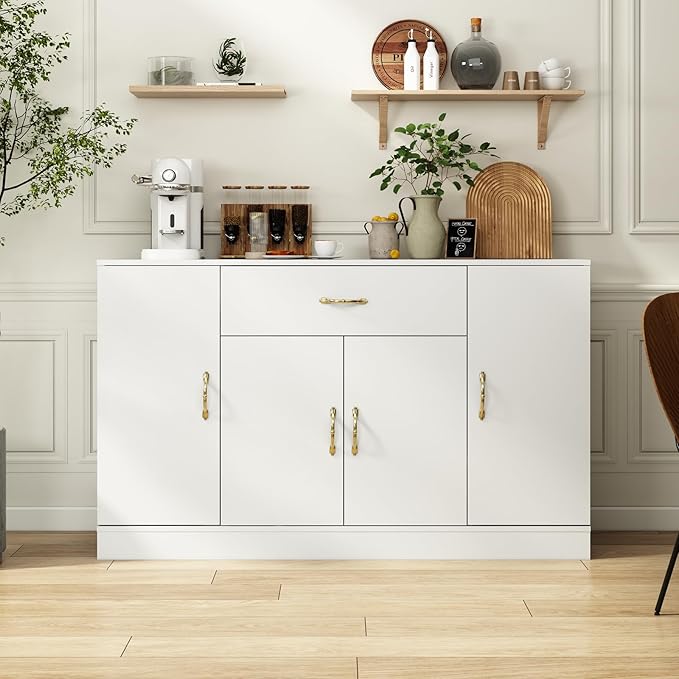 55" Kitchen Pantry Cabinet, Large Storage Cupboard with Doors and Shelves, White Kitchen Storage Cabinet with Drawer, Versatile Buffet Sideboard for Dining Room and Craft Room