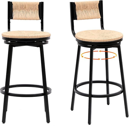 Honey Swivel Bar Stools Paper Rope Handwoven Bar stools with Back Set of 2 Rustic Round Counter Chairs for Dining Room, Kitchen Island (Honey)