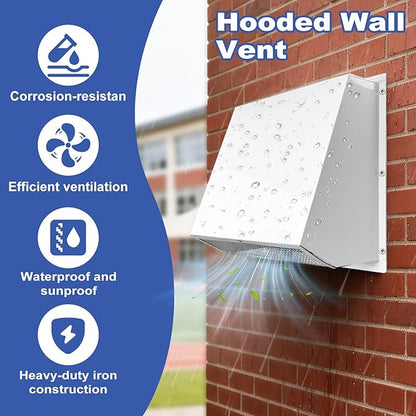 10 Inch Hooded Wall Vent with Screen and Damper, 10 Inch Range Hood Wall Vent Cap, Wall Exhaust Vent Cover, Outdoor Hooded Wall Vent for Dryer Vent, Outside Exterior Mount, Range Hood, Kitchen, White