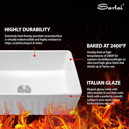 Sarlai 33 White Farmhouse Sink - 33x18 Inch Farm Kitchen Sink Reversible Apron Front White Ceramic Porcelain Fireclay Single Bowl Farmer Sinks
