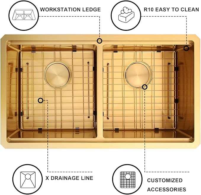 32 Inch Gold Sink Undermount Double Bowl, 16 Gauge 50/50 Double Bowl Stainless Steel Workstation Sink, 32"x19"x10" Large and Deep Kitchen Sink With Accessories