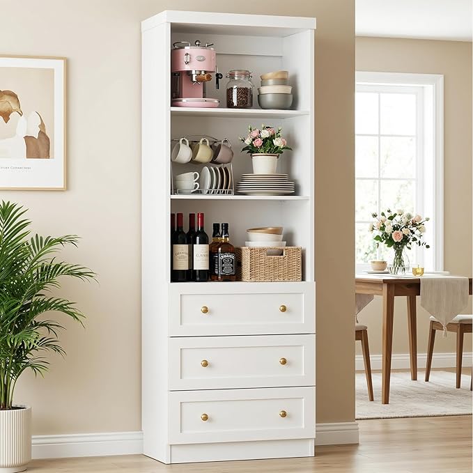 Cyclysio 80" Kitchen Pantry Cabinet with 3 Drawers, Tall Storage Cabinet Wood Food Pantry with Thickened Top Panel and Adjustable Shelves, Versatile Cupboard for Kitchen, Dining Room (1, White)
