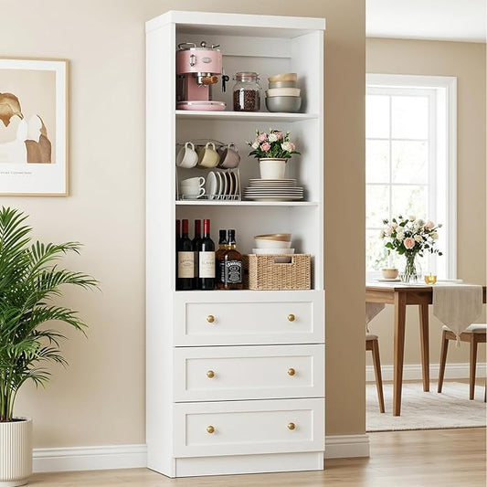 Cyclysio 80" Kitchen Pantry Cabinet with 3 Drawers, Tall Storage Cabinet Wood Food Pantry with Thickened Top Panel and Adjustable Shelves, Versatile Cupboard for Kitchen, Dining Room (1, White)