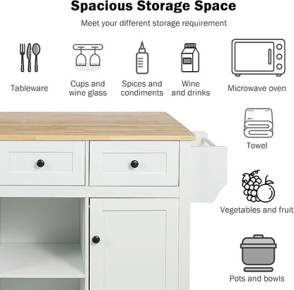 Ball & Cast Kitchen Cart with Rubber Wood Drop-Leaf Countertop,Cabinet Door Internal Storage Racks,Kitchen Island on 5 Wheels W/Storage Cabinet and 3 Drawers for Dinning Room,White,53"