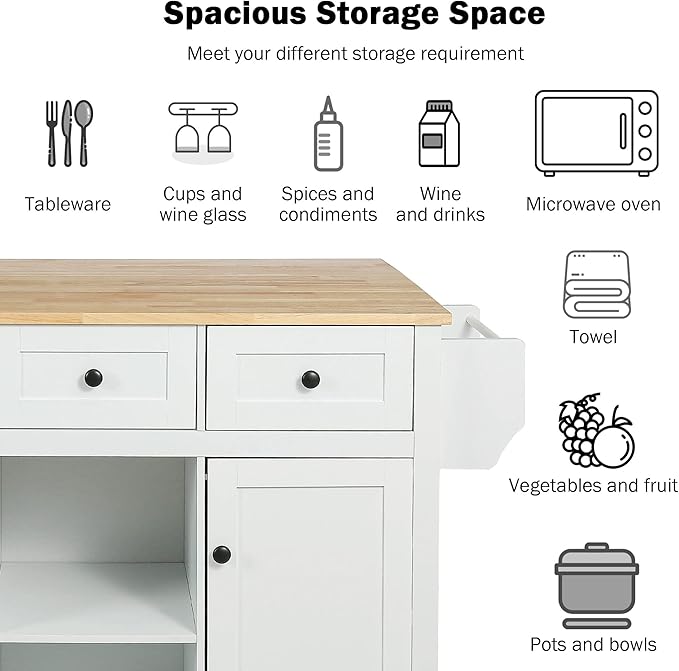 GDFStudio Hakf Kitchen Cart with Rubberwood Tabletop, Kitchen Island on 5 Wheels with Storage Cabinet, 3 Drawers for Dinning Room, Cabinet Door Internal Storage Racks, Spice Rack Bar Table, White