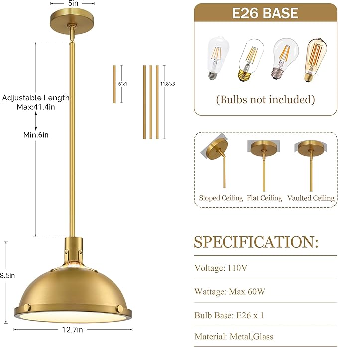 12.7 Inch Brushed Gold Modern Pendant Lights, Contemporary Dome Kitchen Island Pendant Lighting, 1-Light Small Ceiling Hanging Light Fixture with Opal Glass Diffuser, Over Sink Table Bar Hall
