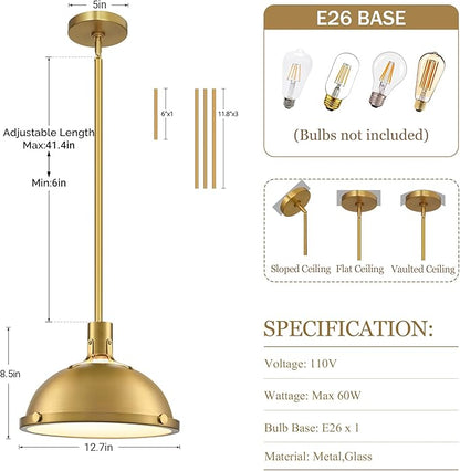 12.7 Inch Brushed Gold Modern Pendant Lights, Contemporary Dome Kitchen Island Pendant Lighting, 1-Light Small Ceiling Hanging Light Fixture with Opal Glass Diffuser, Over Sink Table Bar Hall