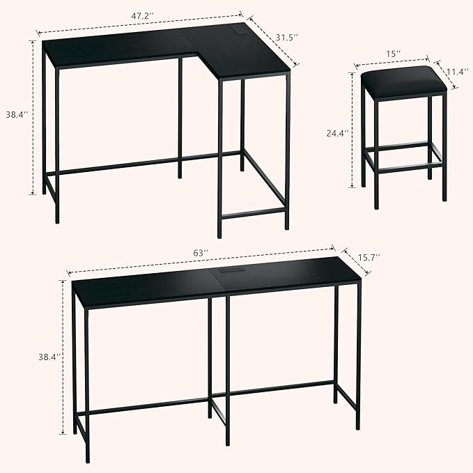 HUAHUU L Shaped Bar Table with Stools, 63‘’ Bar Height Table with Power Outlets, Convertible Corner Counter Height Bar Table with 2 Stools, Rectangular High Top Table for Small Spaces, Breakfast Nook