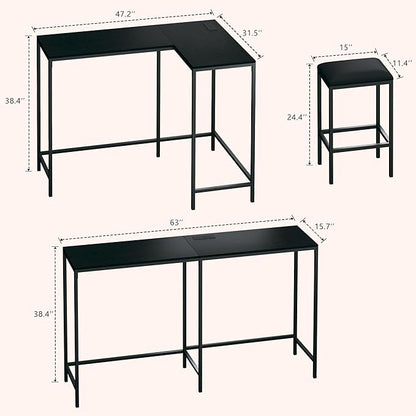HUAHUU L Shaped Bar Table with Stools, 63‘’ Bar Height Table with Power Outlets, Convertible Corner Counter Height Bar Table with 2 Stools, Rectangular High Top Table for Small Spaces, Breakfast Nook