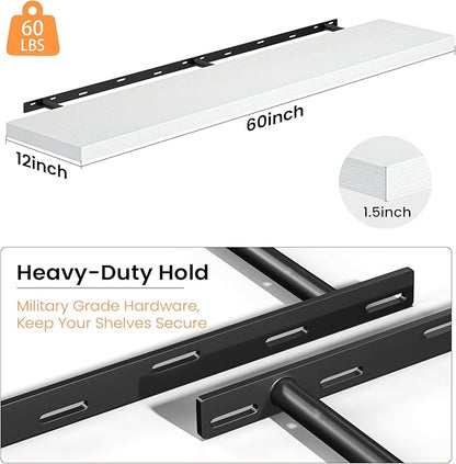 12 Inch Deep Floating Shelves, 60W x 12D Floating Shelf for Books, Rustic Wood Deep Wall Shelves for Home Storage & Display, 1.5" Thicked Shelves for Kitchen, Living Room, Bedroom, White, 1 Pack