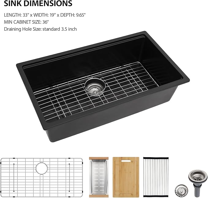 Lordear 33 Black Kitchen Sink Granite Composite Undermount Sink 33x19 Inch Quartz Composite Black Deep Single Bowl Workstation Undermount Kitchen Sinks
