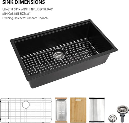 Lordear 33 Black Kitchen Sink Granite Composite Undermount Sink 33x19 Inch Quartz Composite Black Deep Single Bowl Workstation Undermount Kitchen Sinks