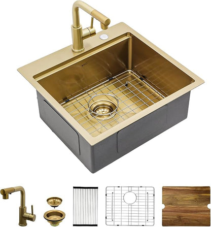 Gold Bar Sink Drop In Outdoor Kitchen Sink 21 Inch Workstation 16 Gauge Stainless Steel Single Bowl Outdoor Bar RV Sinks with Pull-out Faucet 21"x20"x9"