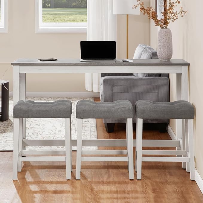 Knocbel Classic 3-Person Counter Height Bar Table Set with Power Outlet, 4-Piece Dinette Set with Padded Seat Stools, Apartment Condo Small Space Pub Bistro Dining Furniture Set (White Grey)