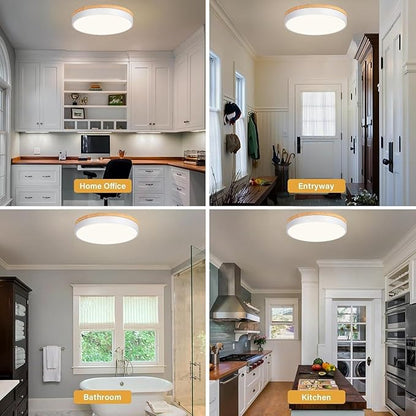 Modern Wood Flush Mount Ceiling Light, White LED 5CCT 2700K-6000K Dimmable Ceiling Light Fixtures, Round Close to Lighting Fixture for Kitchen Living Room Dining Room Bedroom-15.8in