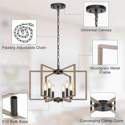 6 Light Farmhouse Chandelier, Dining Room Light Fixture with Wood Grain Painted, Metal Geometric Ceiling Light Rustic Hanging Pendant Lights with E12 Base for Kitchen Island Entryway Foyer, Indoor