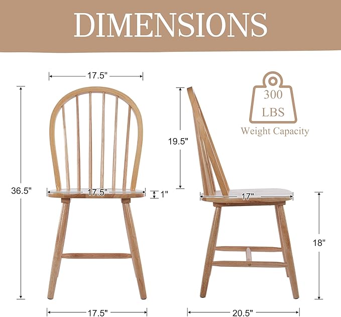 chairus Farmhouse Natural Dining Chairs Set of 4, Windsor Wooden Dining Room Chairs with Spindle Bow Back, Modern Cottage Armless Side Kitchen Chairs
