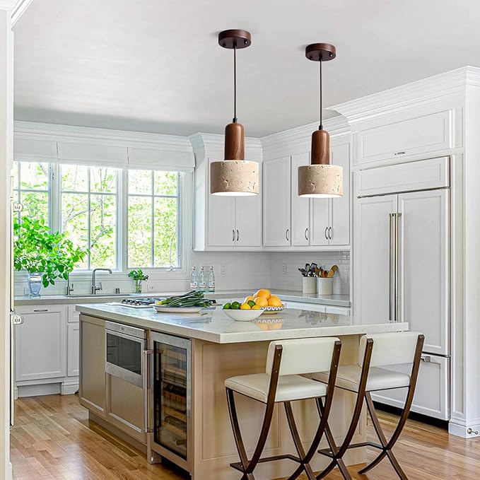 Modern Walnut Wood Decoration Hanging Light, Stone Pendant Light, Small Yellow Travertine Pendant Lamp, Retro Adjustable Pendant Light for Farmhouse Kitchen Island