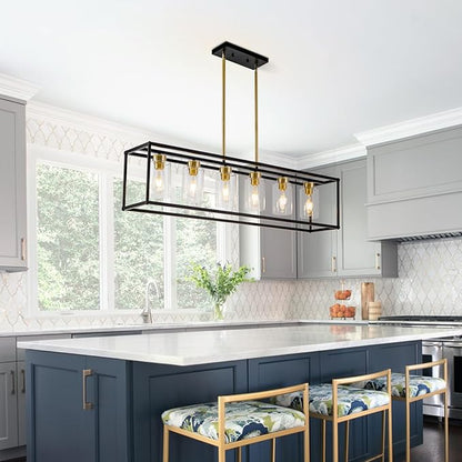 6 Lights Modern Dining Room Light Fixtures Over Table Black & Brushed Brass Gold Farmhouse Chandelier Rectangular Pendent Lighting for Kitchen with Glass Shade Long Linear Industry Hanging Light