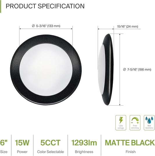 ASD 1 Pack LED Disk Lights 6 Inch, 15W 5CCT 2700K-5000K 1245LM CRI90+, Dimmable Flush Mount Ceiling Light Fixture, Low Profile Surface Mount Disc Lights, Junction Box or Recessed Can Install, ETL