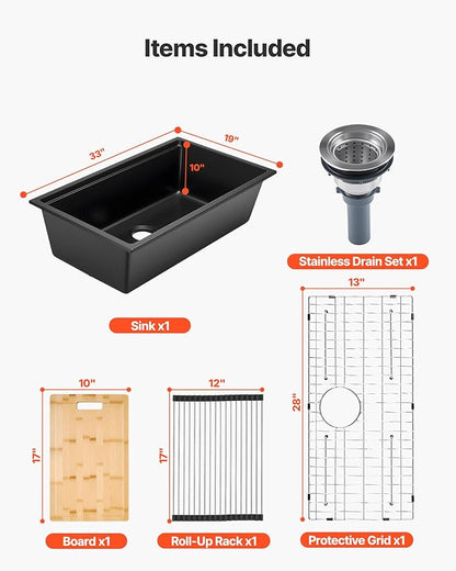 VEVOR 33 inch Kitchen Sink Workstation, Top Mount Granite Sinks, Drop-In Single Bowl Farmhouse Basin with Multiple Accessories, Household Dishwasher Sinks (19"D x 33"W x 10"H)