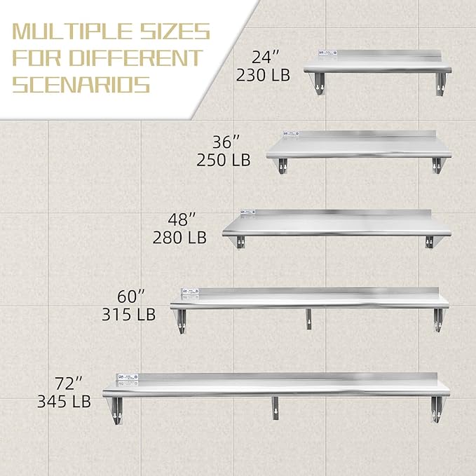 Hally Stainless Steel Shelf 12 x 60 Inches 315 lb, NSF Commercial Wall Mount Floating Shelving for Restaurant, Kitchen, Home and Hotel