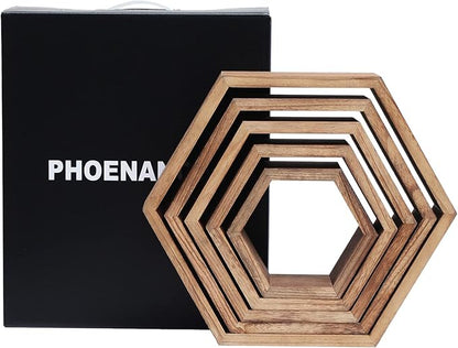 Hexagon Shelves for Wall,Hexagon Floating Shelf Set of 5,Honeycomb Shelves Octagon Hanging Cube Rustic Wood Wall Mounted for Living Room Bedroom Kitchen Bathroom Office Home Decor（Carbonized Brown）