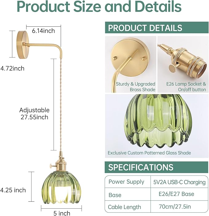 Shenmoyl Battery Operated Wall Sconce with Green Tulip Shade Pattern Glass Adjustable Chain Retro Gold Wall Mounted Light, Modern Wall Decor for Bedside Bedroom Indoor Doorway， Set of 2