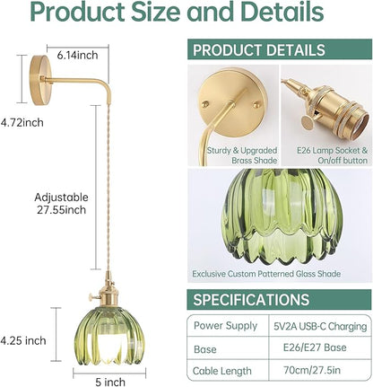 Shenmoyl Battery Operated Wall Sconce with Green Tulip Shade Pattern Glass Adjustable Chain Retro Gold Wall Mounted Light, Modern Wall Decor for Bedside Bedroom Indoor Doorway， Set of 2