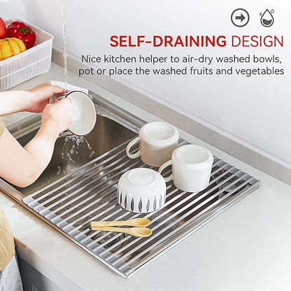 MERRYBOX Roll Up Dish Drying Rack, Over The Sink Dish Rack Foldable, Heat-Resistant, Anti-Slip Silicone Coated Steel Dish Drainer for Kitchen Sink, Multipurpose Roll Up Sink Drying Rack, 17.5" x 13"
