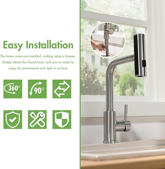 CENOSA Kitchen Faucet with Pull Down Sprayer Brushed Nickel Waterfall Sink Faucet Suitable for RV, Laundry Room, and Campers