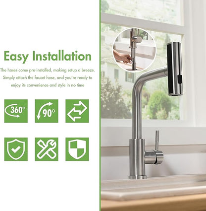 CENOSA Kitchen Faucet with Pull Down Sprayer Brushed Nickel Waterfall Sink Faucet Suitable for RV, Laundry Room, and Campers
