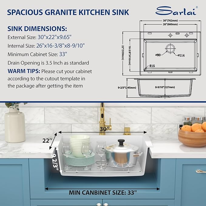 Sarlai Granite Composite Kitchen Sink - 30"x22" Drop In Kitchen Sink 30 Inch Ledge Workstation White Granite Quartz Composite Top-Mount Single Bowl Sinks Basin with Accessories