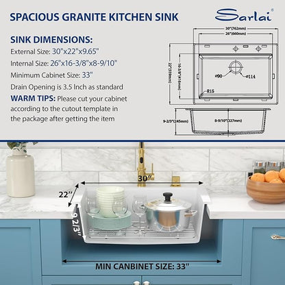 Sarlai Granite Composite Kitchen Sink - 30"x22" Drop In Kitchen Sink 30 Inch Ledge Workstation White Granite Quartz Composite Top-Mount Single Bowl Sinks Basin with Accessories