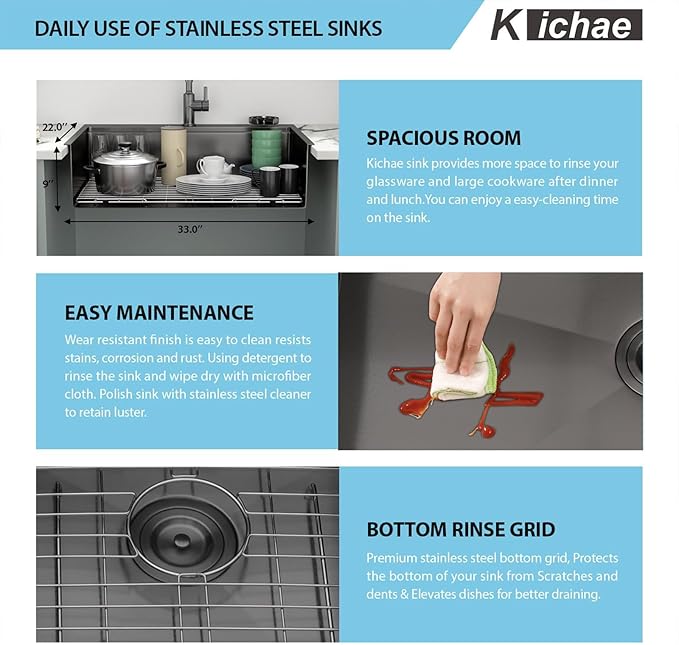 33 Black Drop In Kitchen Sink - Kichae 33 x 22 Drop In Kitchen Sink Workstation Gunmetal Black Nano Coating 304 Stainless Steel 16 Gauge with Glass Rinser & Cutting Board