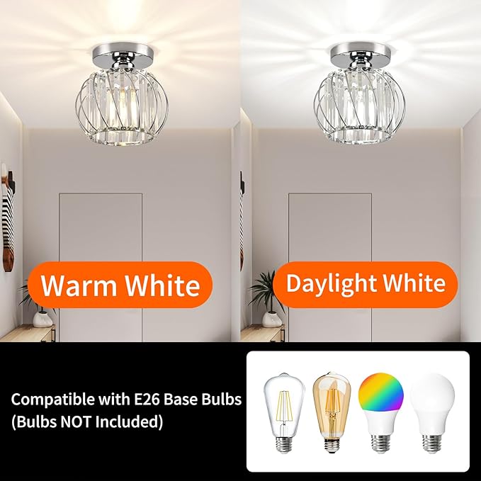 Crystal Semi Flush Mount Ceiling Light, Silver Crystal Chandelier for Kitchen, Hallway, Dining Rooms, Living Rooms, Bar, Farmhouse, 7.4 x 7.4 x 4.7 inches