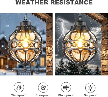 Globe Outdoor Pendant Lights for Porch Patio Garage, Matte Black Aluminum Anti-Rust Hanging Light Fixture, Industrial Round Amber Glass Exterior Chandelier, Outside Pendant Lamp, 2 Pack