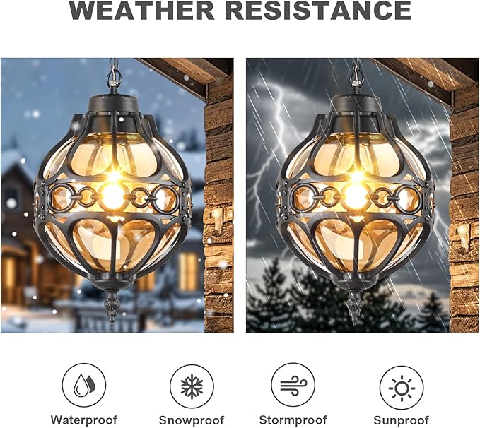 Globe Outdoor Pendant Lights for Porch Patio Garage, Matte Black Aluminum Anti-Rust Hanging Light Fixture, Industrial Round Amber Glass Exterior Chandelier, Outside Pendant Lamp Lantern